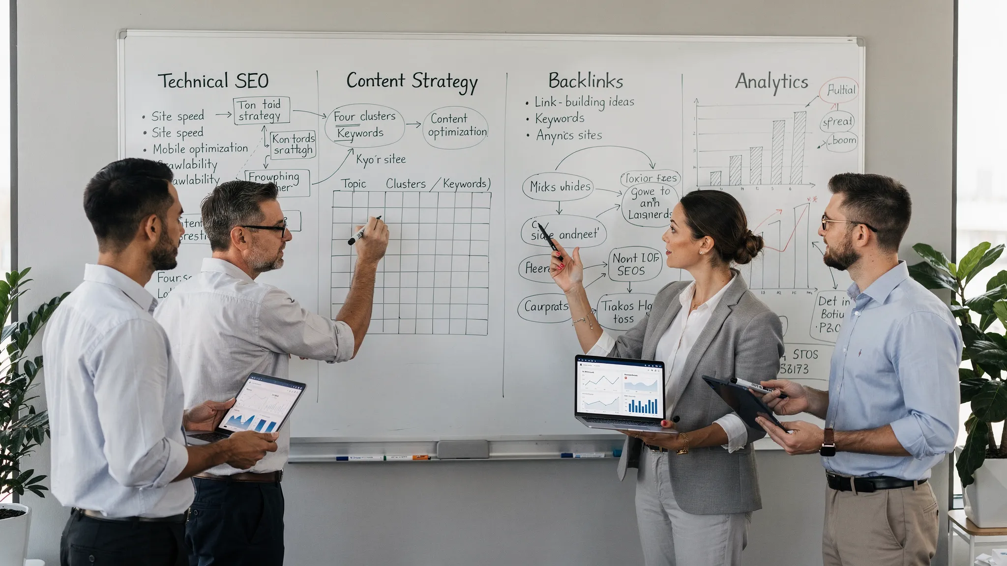 A marketing team mapping an SEO growth plan on a whiteboard with sections for technical SEO, content strategy, backlinks, and analytics.