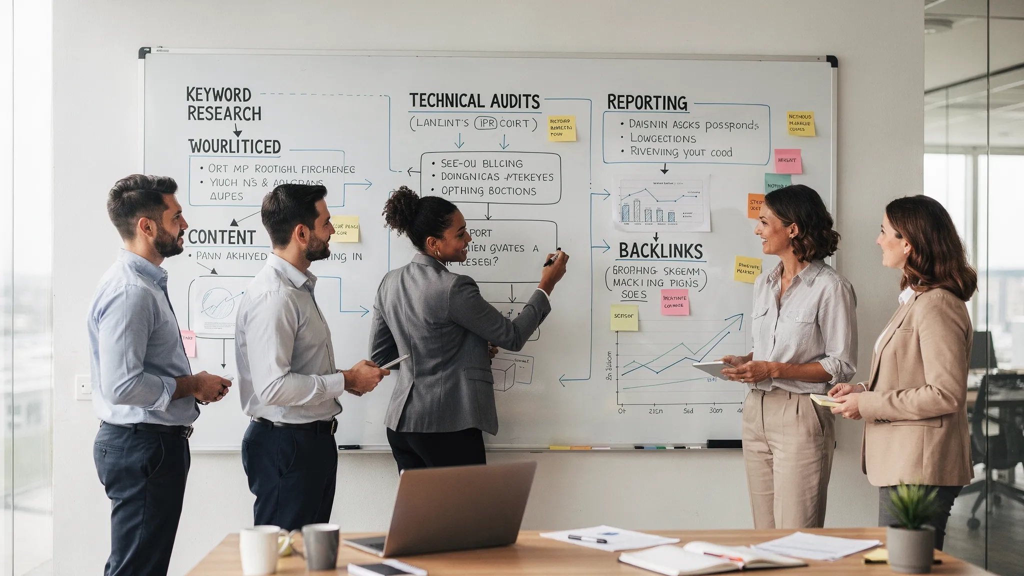 A marketing team mapping an SEO growth system on a whiteboard with sections for keyword research, technical audits, content, backlinks, and reporting.